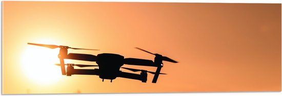 Acrylglas - Silhouet van Laagvliegende Drone bij Zonsondergang - 90x30 cm Foto op Acrylglas (Wanddecoratie op Acrylaat)