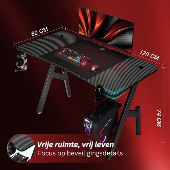Groot Gaming Bureau 120 cm Breed met Koolstofvezel Oppervlak - PC Werkstation Thuiswerkplek — afbeelding 2