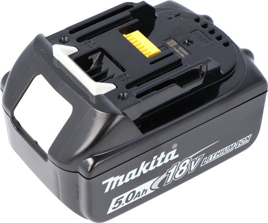 Zwarte Makita 18V 5.0Ah Li-ion accu met witte ontgrendelingsknop en gele connector.