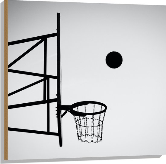 Hout - Bal Vallend in Basket (Zwart-wit) - 80x80 cm - 9 mm dik - Foto op Hout (Met Ophangsysteem)