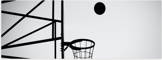 Poster Glanzend – Bal Vallend in Basket (Zwart-wit) - 90x30 cm Foto op Posterpapier met Glanzende Afwerking