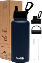 VANN® 3-Wandige Waterfles 1 liter met rietje voor volwassenen – Met 5 accessoires + 25 recepten – Bidon RVS – 24 uur koud/12 uur warm – Blauw