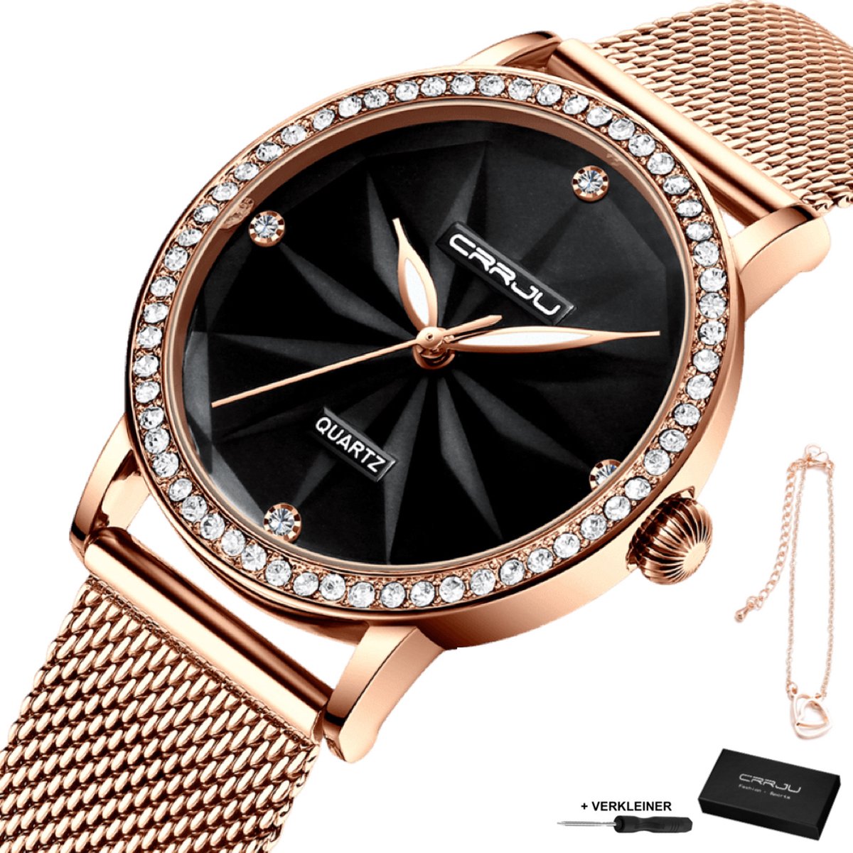 CRRJU® - Horloge Dames - Cadeau voor Vrouw - 30 mm - Rosé Zwart