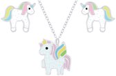 Joy|S - Zilveren eenhoorn unicorn hanger met ketting en oorbellen set - voor kinderen
