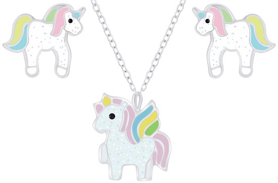 Joy|S - Zilveren eenhoorn unicorn hanger met ketting en oorbellen set - voor kinderen