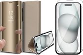 Hoesje geschikt voor iPhone 15 Plus - Screen Protector GlassGuard - Book Case Spiegel Goud & Screenprotector