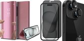 Hoesje geschikt voor iPhone 15 Plus - Privacy Screenprotector FullGuard & Camera Lens Screen Protector Zwart - Book Case Spiegel Roségoud