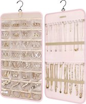 Sieradenorganizer om op te hangen, opbergrol met hanger, metalen haken, dubbelzijdige sieradenhouder voor oorbellen, halskettingen, ringen aan kast, muur, deur, 1 stuk, groot, roze