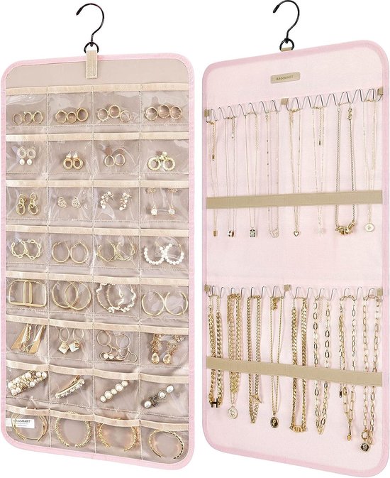 Sieradenorganizer om op te hangen, opbergrol met hanger, metalen haken, dubbelzijdige sieradenhouder voor oorbellen, halskettingen, ringen aan kast, muur, deur, 1 stuk, groot, roze