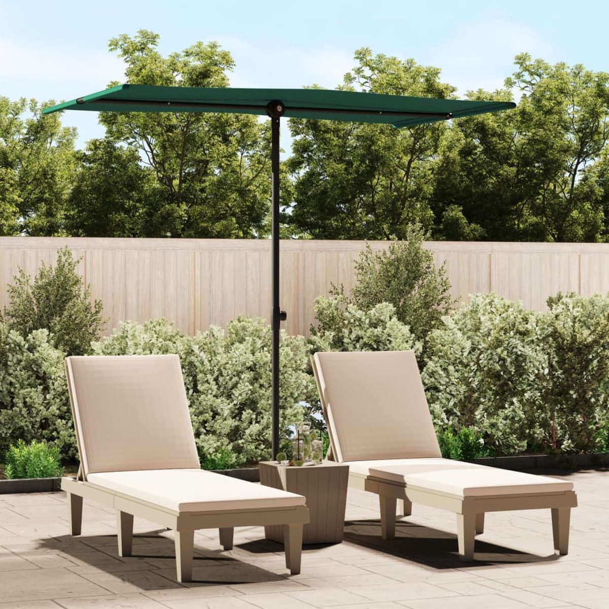 Green 180x110 cm garden parasol with aluminum pole by The Living Store. Ideal for outdoor decor in summer.