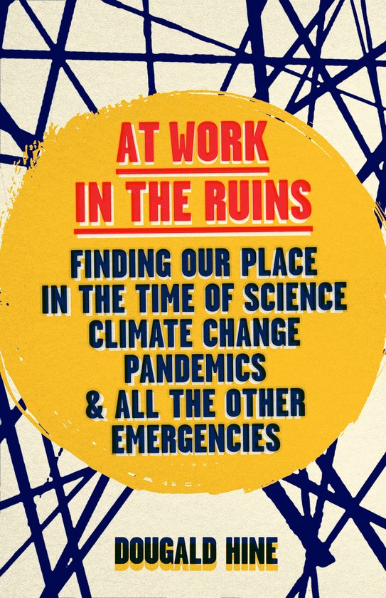 Boekomslag "AT WORK IN THE RUINS FINDING OUR PLACE IN THE TIME OF SCIENCE CLIMATE CHANGE PANDEMICS & ALL THE OTHER EMERGENCIES" door DOUGald HINE.