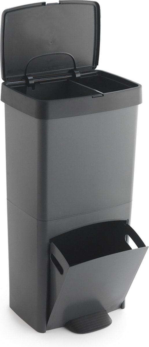 Berner - Afvalbak met naar keuze 2 of 3 vakken - vuilnisbak - afvalscheiding - vuilnisemmer - prullenbak - pedaalemmer -30L onder en 40L boven 70L totaal - Antraciet 100% gerecycled kunststof