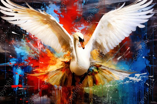 JJ-Art (Canvas) 120x80 | Zwaan in abstract geschilderde stijl, kunst, felle kleuren, kleurrijk, vliegen, vleugels | vogel, dier, blauw, geel, rood, modern | Foto-Schilderij canvas print (wanddecoratie)