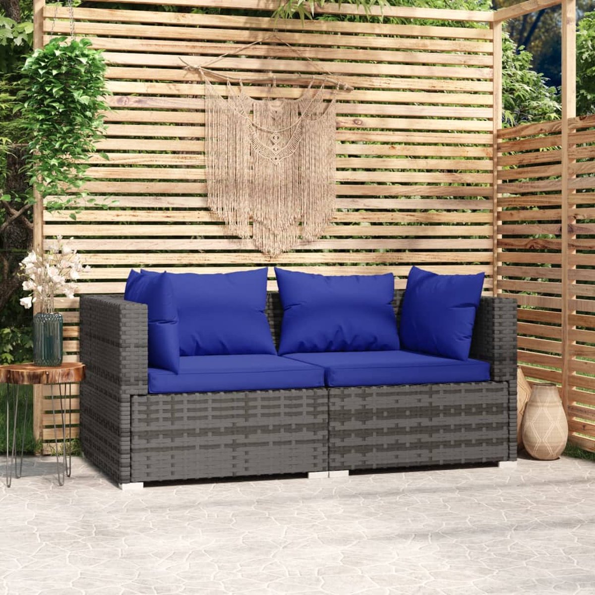 The Living Store Tuinbank 2-zits met kussens poly rattan grijs - Tweezitsbank - Tuinbank - Lounge Set - Buitendecor - Outdoor Furniture