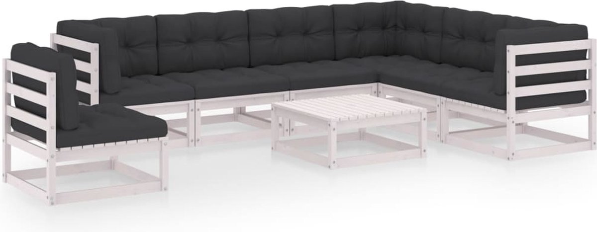 The Living Store 8-delige Loungeset met kussens massief grenenhout wit - Loungeset - Tuinset - Grenenhout - Loungehoekbank - Buitendining