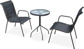 The Living Store Tuinset - Stalen frame - Geribbeld glazen tafelblad - Stapelbare stoelen - Zwart - 50x71 cm tafel - 51x66x88 cm stoel