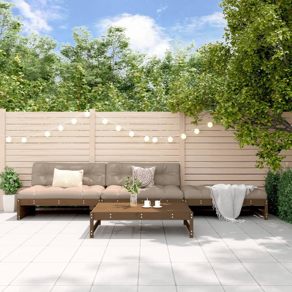 The Living Store 4-delige Loungeset met kussens massief hout honingbruin - Loungeset - Tuinset - Hout - Grenenhout - Lounge