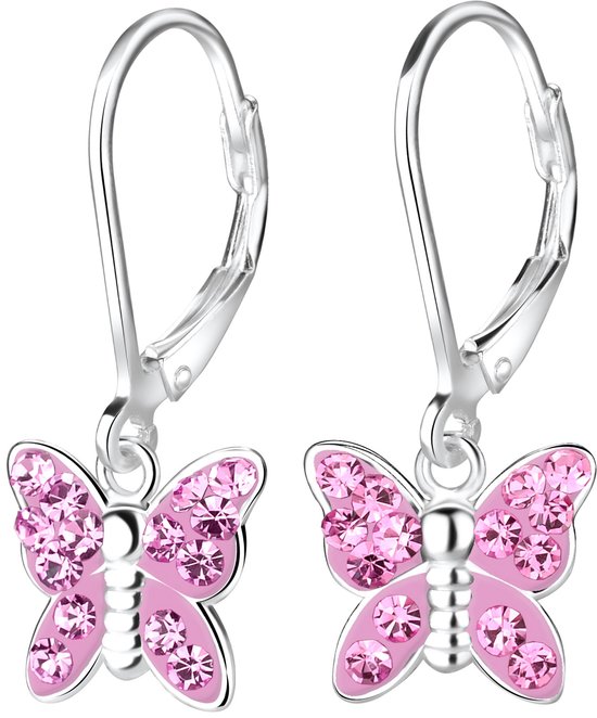 Joy|S - Zilveren vlinder oorbellen - roze kristal - leverback sluiting