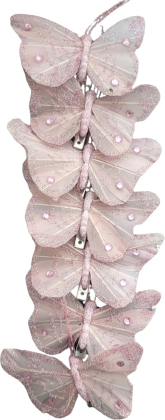7 roze vlinders op clip - vlinders voor in kerstboom of paasboom - kerstdecoratie