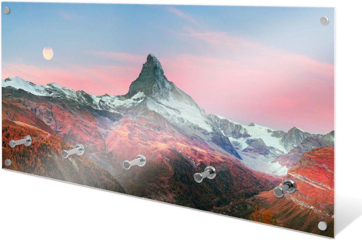 Designglas Wandkapstok – Kapstok – Wandkapstok – Hangend – Garderoberek – Muurkapstok Gehard glas – Handdoekrek – Muurdecoratie Stijlvol Gehard glas 5 Haken Matterhorn hellingen 80x40cm