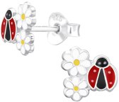 Joy|S - Zilveren lieveheersbeestje oorbellen - met madelief bloemetjes - 7.5 mm - kinderoorbellen