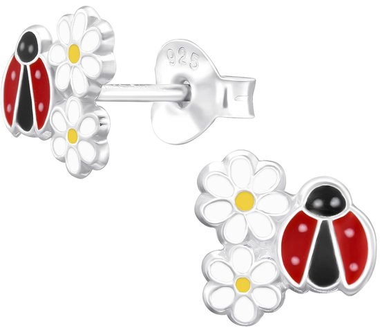 Joy|S - Zilveren lieveheersbeestje oorbellen - met madelief bloemetjes - 7.5 mm - kinderoorbellen