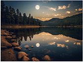 Poster (Mat) - Meer - Water - Bomen - Bos - Maan - 80x60 cm Foto op Posterpapier met een Matte look