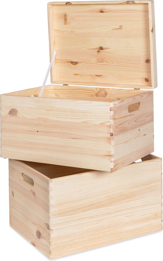 Haudt® Houten stapelkist set 46cm - 1 x KIM Maxi open en 1 x KIM Maxi met klepdeksel - stapelbare opbergoplossing - houten kisten - opbergkist - vurenhout