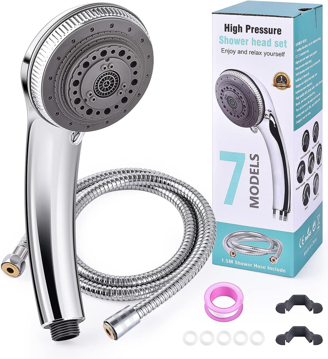 Haute Pression Pommeau de Douche avec Tuyau 4 Modes de Pulvérisation  Douchette Douche Salle de Bain + 1.5m Tuyau Acier Inoxydable Pomme de Douche  Economie Deau Chrome 