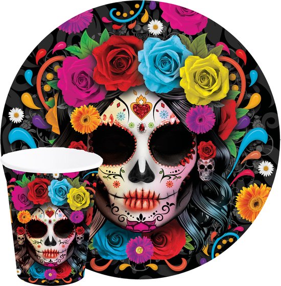 Foto: Fiestas day of the dead feest servies set borden bekers 24x gekleurd papier