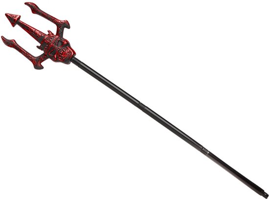 Een rode schedeltanddrietand, 108 cm, met zwarte steel.