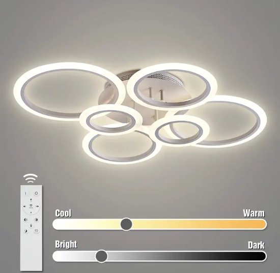 LuxiLamps - 6 Ring LED Plafondlamp - Dimbaar Met Afstandsbediening - Wit - 80 cm - Woonkamerlamp - Moderne lamp - Plafoniere