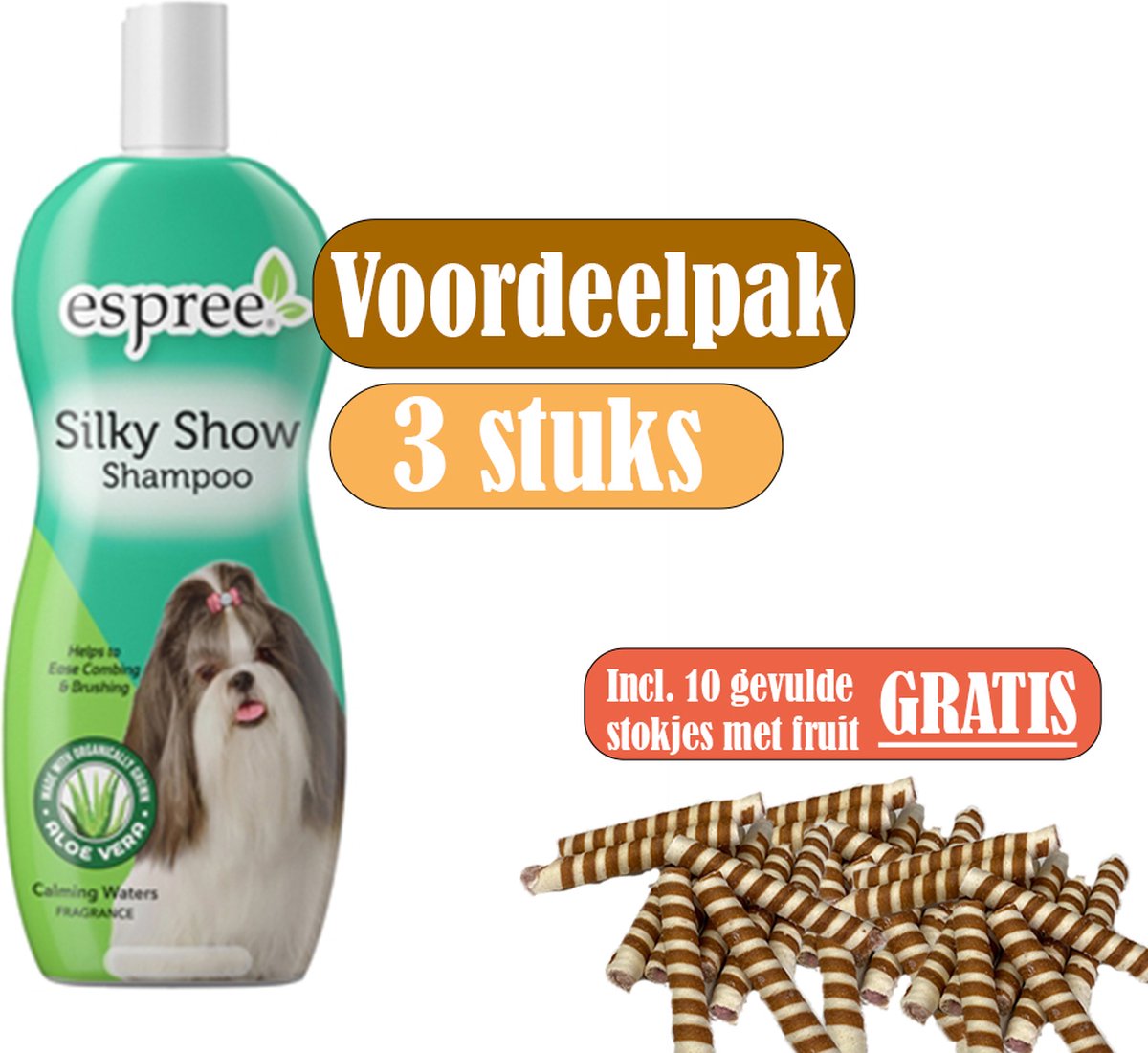 Espree Shampoo Silky Show - Voordeelpak 3 stuks - inclusief gratis stokjes gevuld met fruit (10 stuks)