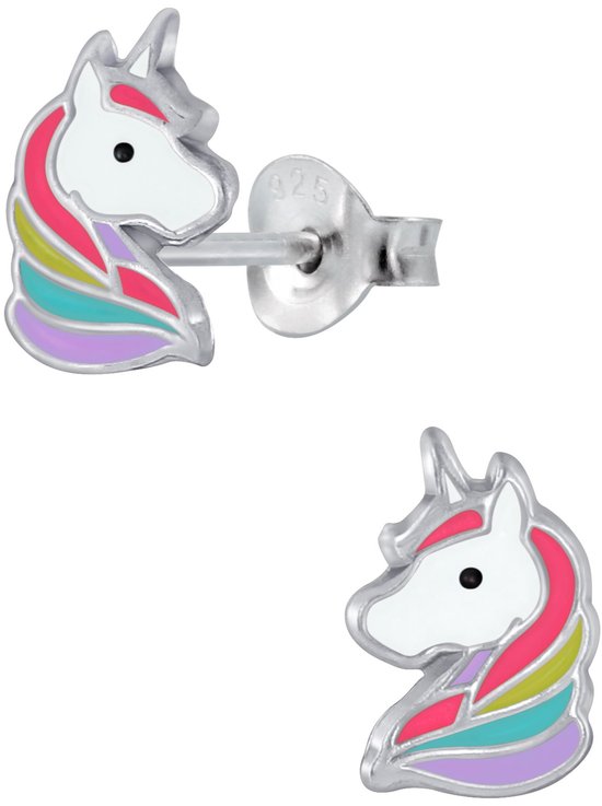 Joy|S - Zilveren multicolor eenhoorn oorbellen - unicorn oorknoppen