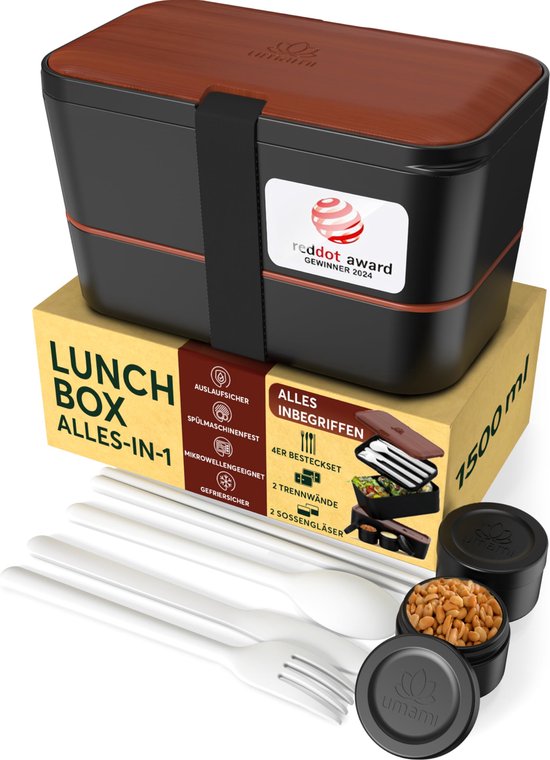 Umami® All-in-1 1,5L Bento box adultes avec couverts (Bentobox Zwart Sapele), 2 récipients à sauce comme boîtes à lunch Salade - Snack Bento Box, boîte à lunch étanche - boîte à pain avec compartiments pour la préparation des repas - Boîte à pain