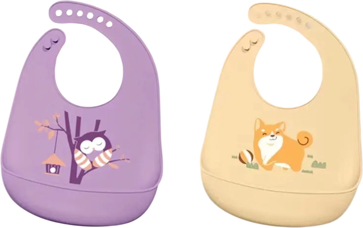 Goedkoopste Set van 2 Slabbetjes met bakje - Siliconen - Slab - Slabber - Paars - Geel