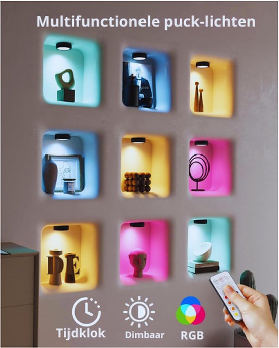 MOUJUCHI Puck Lights, RGB onder kastverlichting draadloze LED-verlichting werkt op batterijen onder kastverlichting dimbaar RGB nachtlampje met afstandsbediening voor keuken kast trap plank, 4 stuks