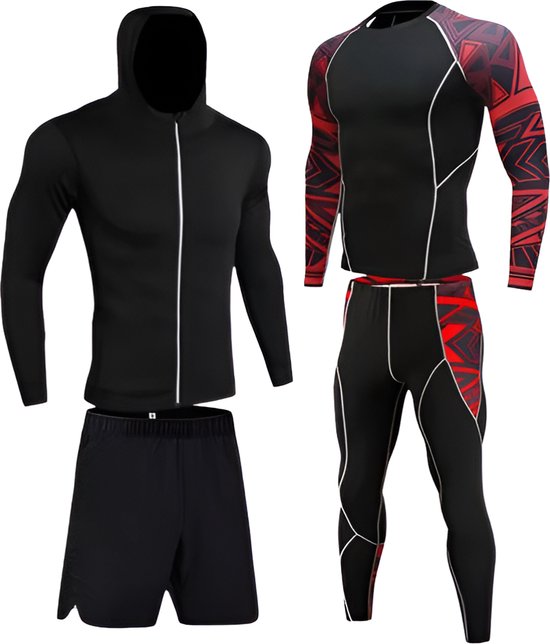 E-shop4u® - Winter Thermokleding Set Mannen - 4-delig Thermisch Ondergoed - Heren - Compressie - Snel Drogend - Ademend - Lente/Zomer/Herfst/Winter - Maat - S - Zwart/Rood