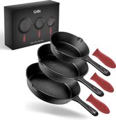 Bol.com GrillX Gietijzeren Pannenset - 3 stuks - Incl. Siliconen Handvaten - Skillet Cast Iron Pannen - Hapjespan - Koekenpan - ... aanbieding