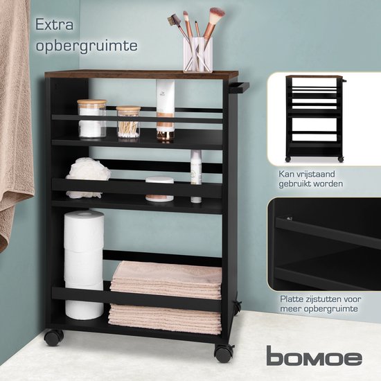 bomoe Bengt – Desserte de cuisine à roulettes 50x79x38 cm – Desserte en bois avec 3 Planches et plan de travail FSC® – Zwart et marron