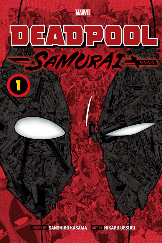 Deadpool: Samurai 1 stripboekcover met twee helften van Deadpool's masker, gevuld met wapens en samurai-elementen.