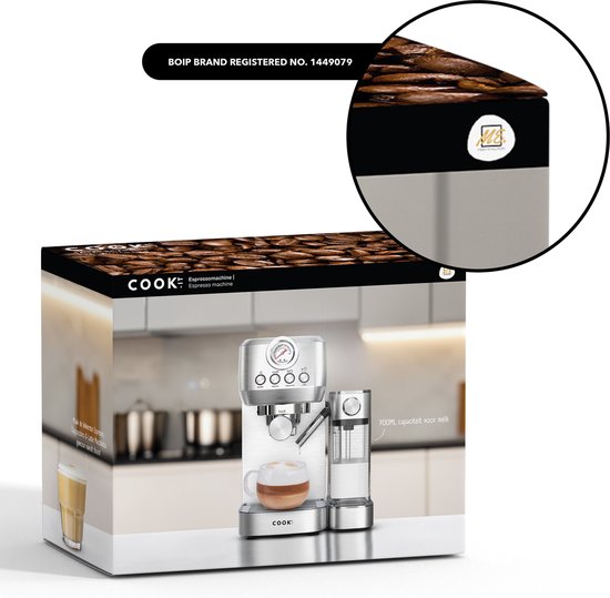 Verpakking van een COOK espressomachine met afbeelding van koffiebonen en de machine.