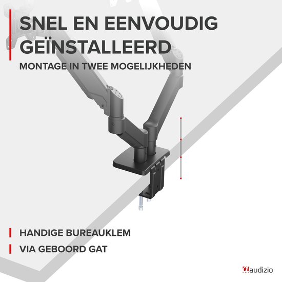 Zwarte Audizio monitorarm met een bureauklem. Tekst: Snel en eenvoudig geïnstalleerd. Montage in twee mogelijkheden.