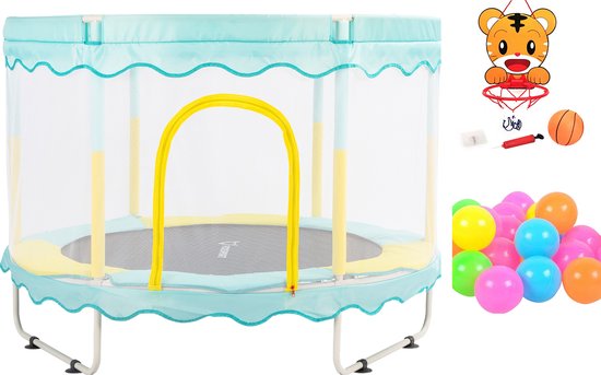 FOXSPORT Kinder Trampoline - Trampoline met Elastieken - Outdoor - Buitenspeelgoed - Trampoline met veiligheidsnet - 110 cm Veiligheidsnet - 150 cm - Blauw