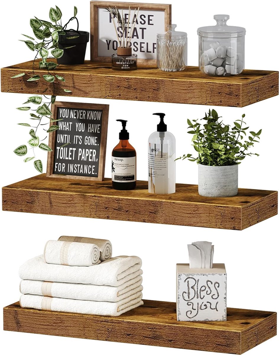 IvoQ Zwevende Wandplanken Set van 3 - 40x17 cm - Hout - Landelijk & Industrieel - Wandrek Bruin