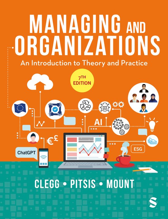 Boek 'Managing and Organizations' 7e editie. Met iconen van een laptop, ChatGPT, AI, eurotekens en een EU-vlag.