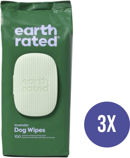 Groene verpakking van Earth Rated Dog Wipes met lavendelgeur, 3x 100 doekjes.