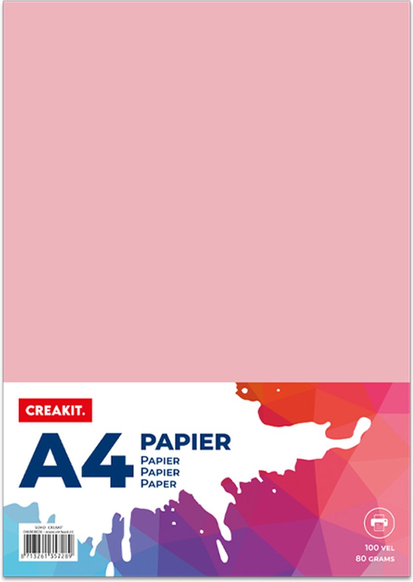CREAKIT. Papier A4 – 100 Vellen – Knutselen voor Kinderen en Volwassenen – Tekenpapier voor Kinderen – 80 grams – Knutselpapier – Gekleurd Papier – Roze