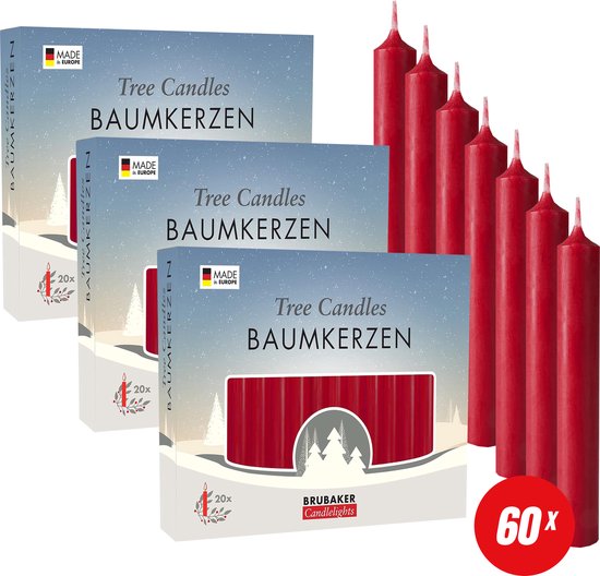 BRUBAKER 60 Stuks Boomkaarsen Was - Donkerrood - Kerstkaarsen - Piramidekaarsen - Kerstboomkaarsen - 95/12.5 mm – Kaarsen - Kaarsjes