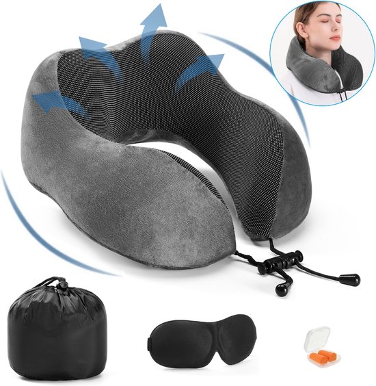 YONO Nekkussen Vliegtuig - Reiskussen Traagschuim - Auto - Memory Foam - Slaapmasker - Oordopjes - Zwart